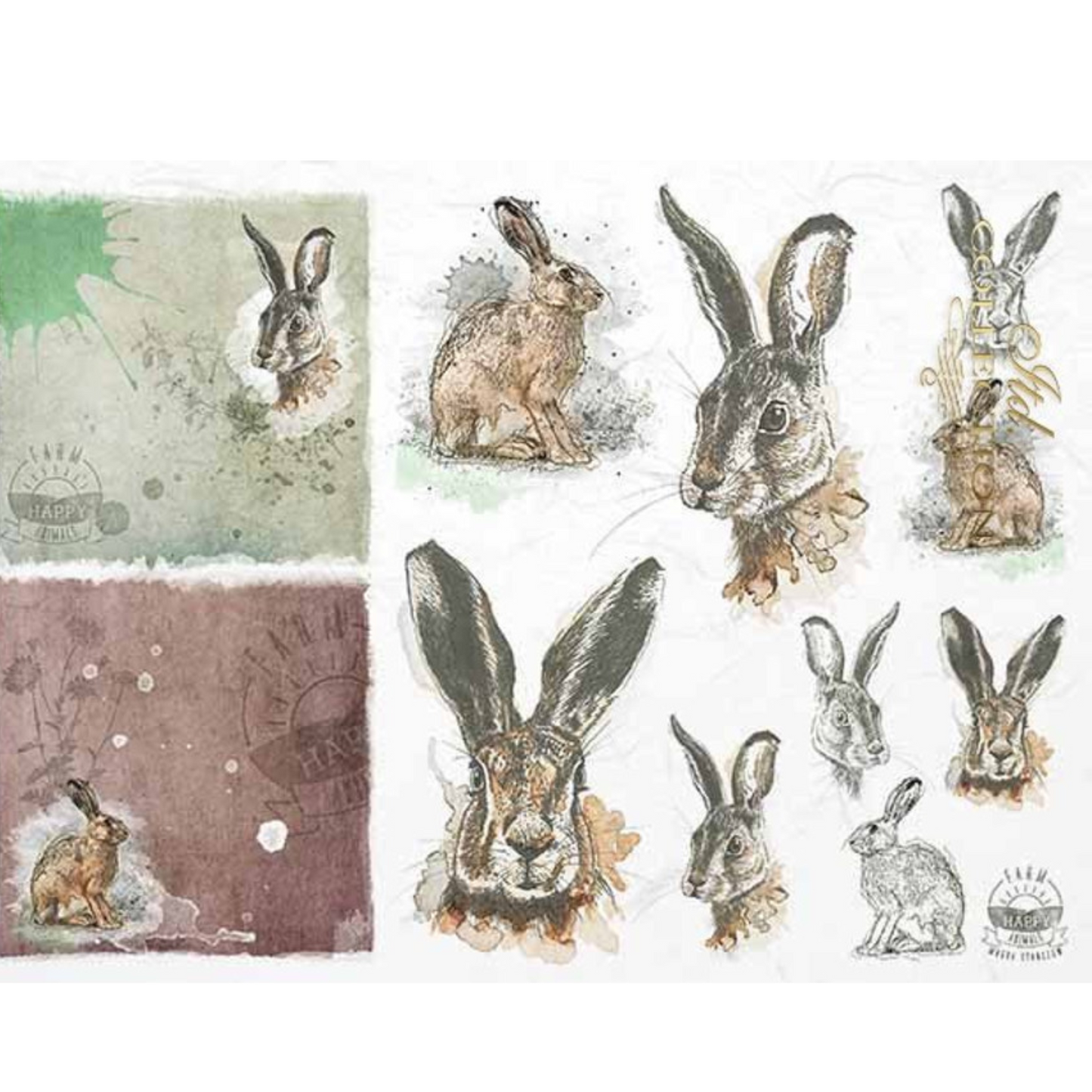 "Farm Bunny Portraits" decoupage rice paper by ITD Collection. Size A4 available at Milton's Daughter.