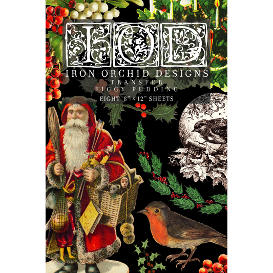 Front cover of Figgy Pudding IOD transfer by  Iron Orchid Designs.  Eight "" x 12" sheets. Part of the IOD Winter/Christmas Release 2021 products. Available at Milton's Daughter.
