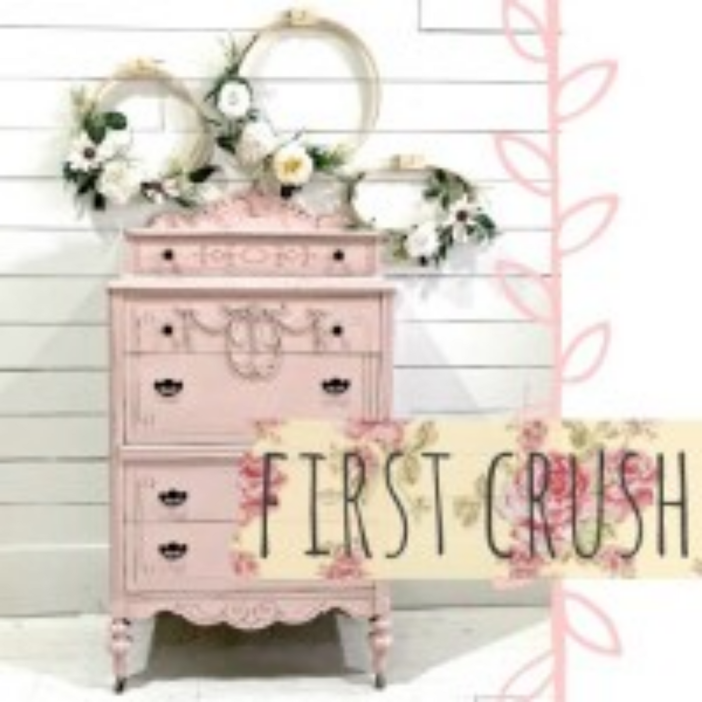 Antique dresser painted in First Crush (pale pink) by Sweet Pickins Milk Paint available at Milton's Daughter