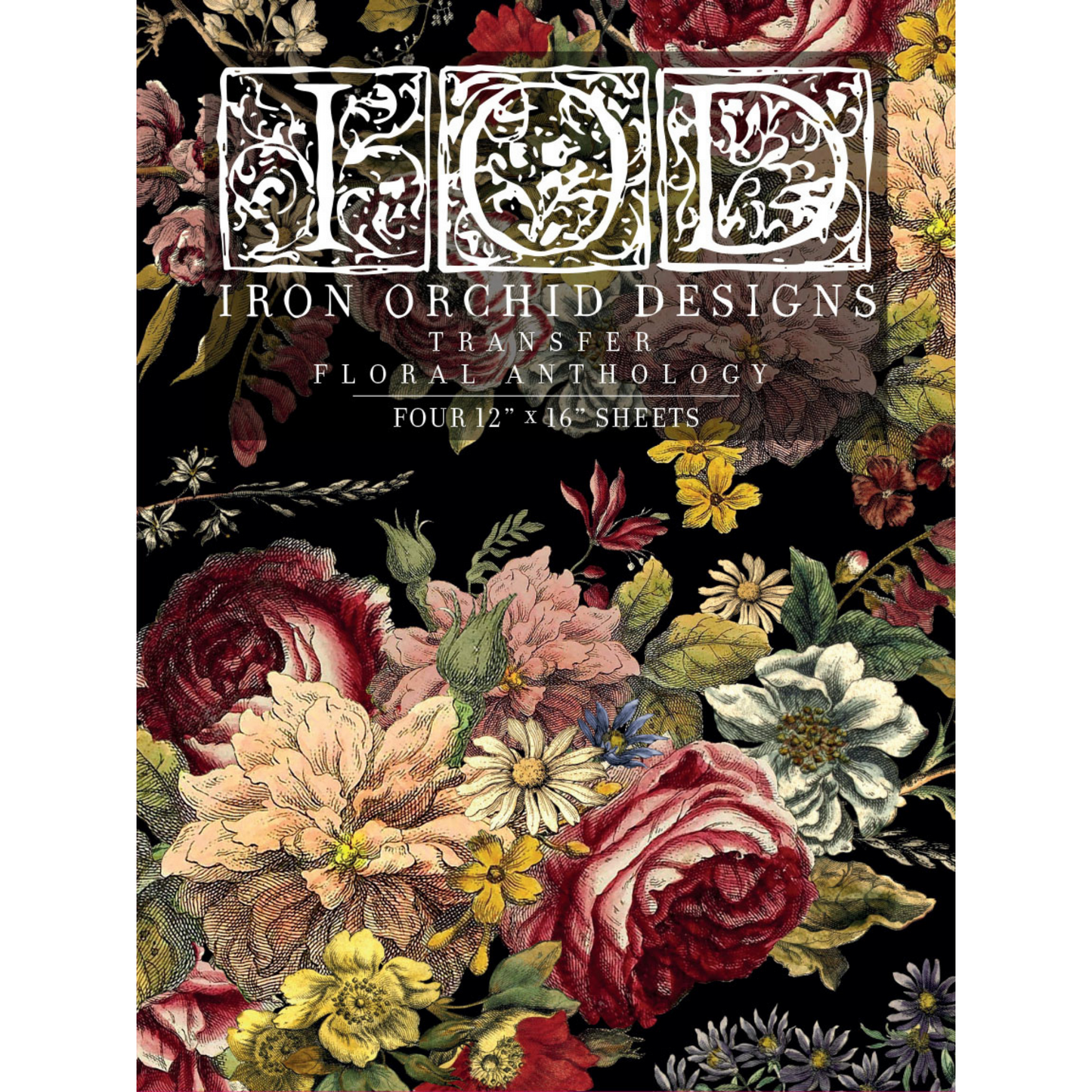 Floral Anthology IOD Transfer; product cover photo of multi floral bouquets emulating tapestry design at Milton's Daughter