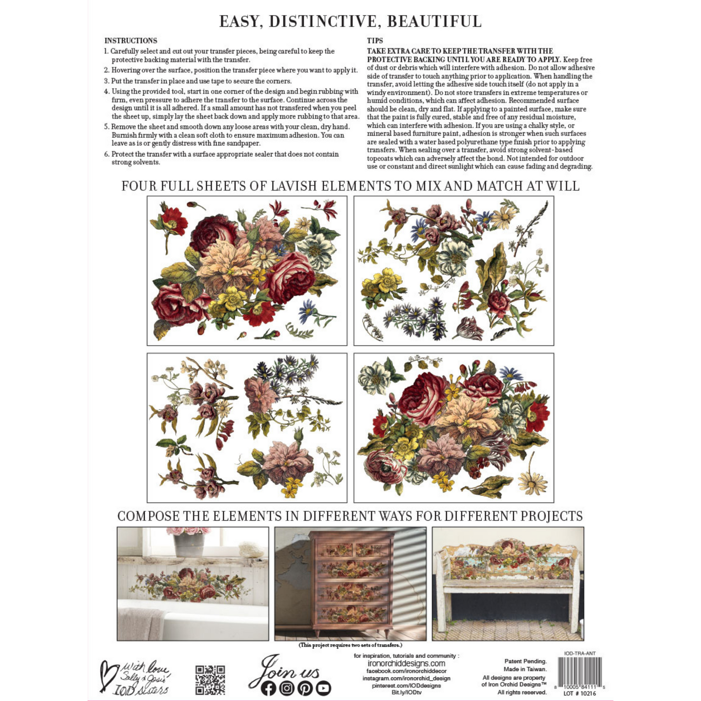 Floral Anthology Transfer by IOD, product back cover includes instructions, 4 sheet detail and 3 photos of example applications on furniture and home decor, at Milton's Daughter