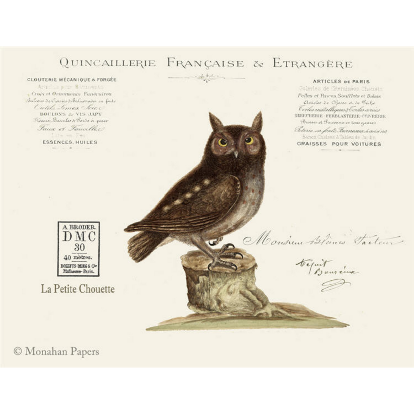 Francaise Owl Decoupage Paper by Monahan Papers available at Milton's Duaghter.  11" x 17".  Owl perched on tree stump in brown and sepia tones with French writing.