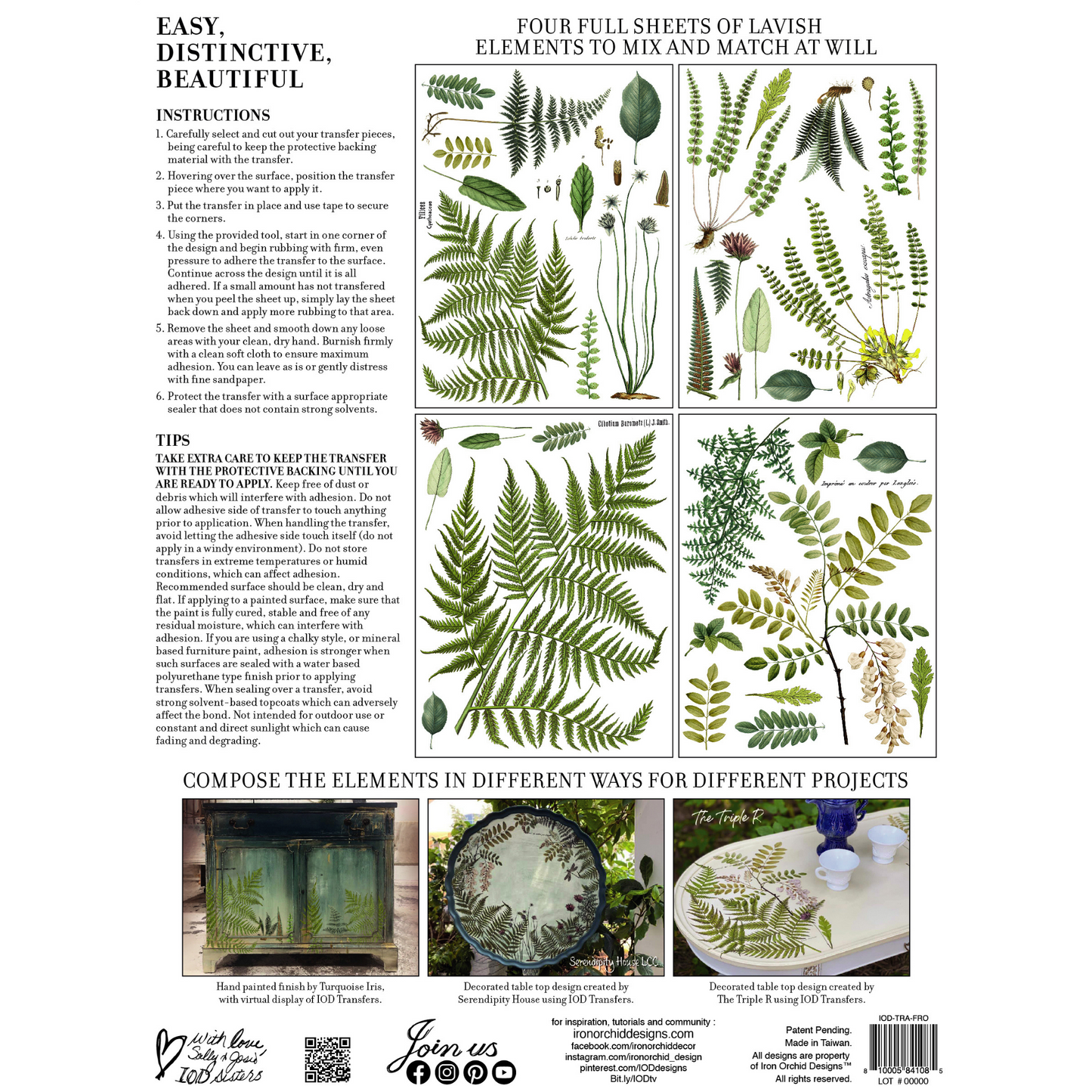 Fronds Botanical IOD Transfer by Iron Orchid Designs. Ferns, fronds and leaves in various shades of green-Back cover photo.  Available at Milton's Daughter.
