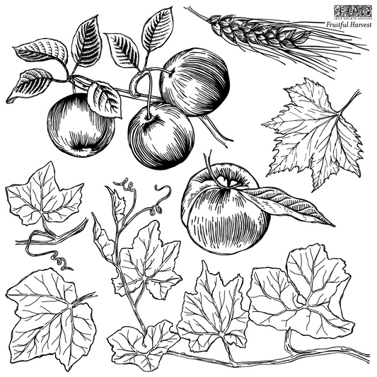IOD  Clear Silicone Stamp "Fruitful Harvest" by Iron Orchid Designs.  sheet 1 of 2 includes  peaches, apples, leaves and wheat stamps. Available at Milton's Daughter.