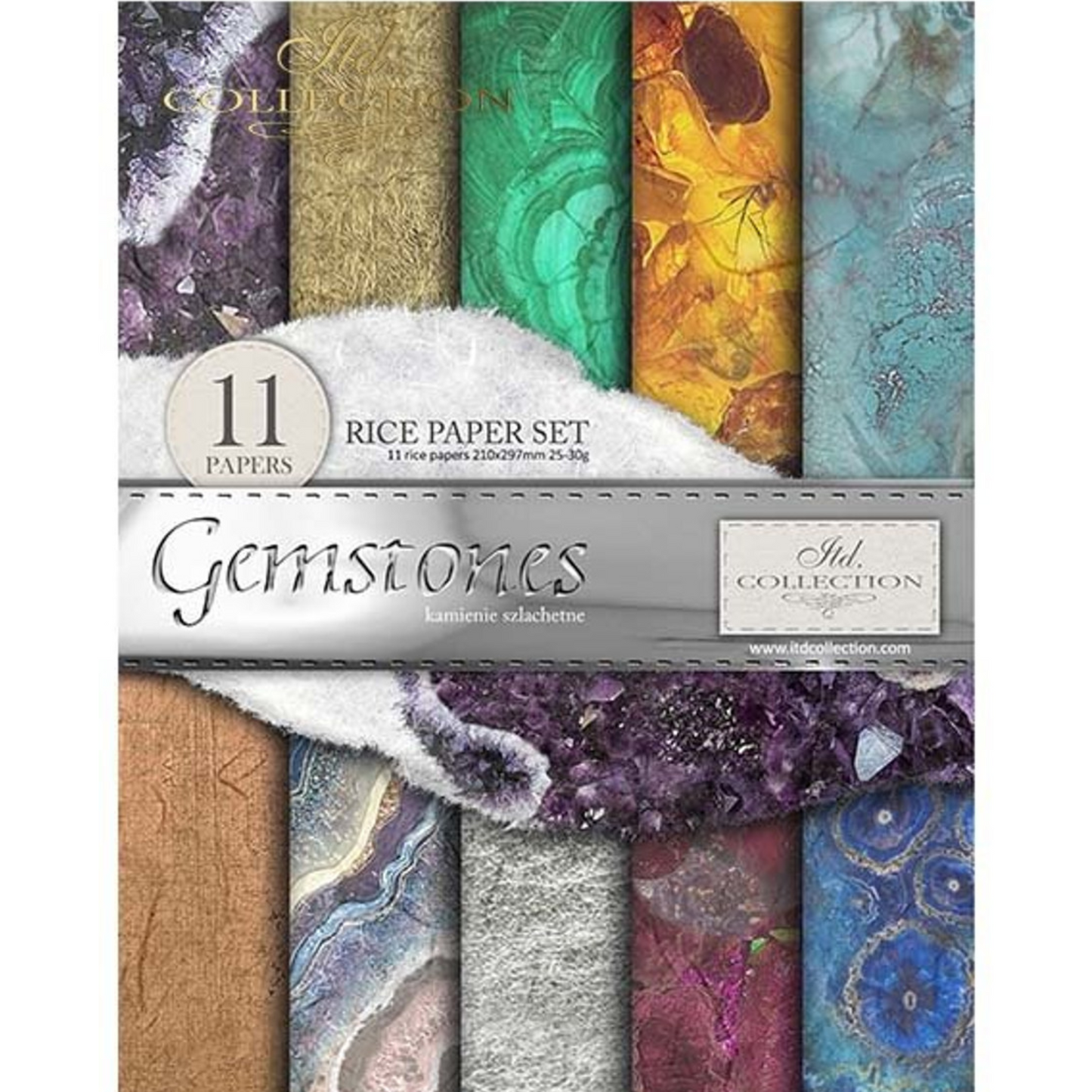 "Gemstones" decoupage rice paper 11 sheet set in size A4 available at Milton's Daughter. Front cover photo.