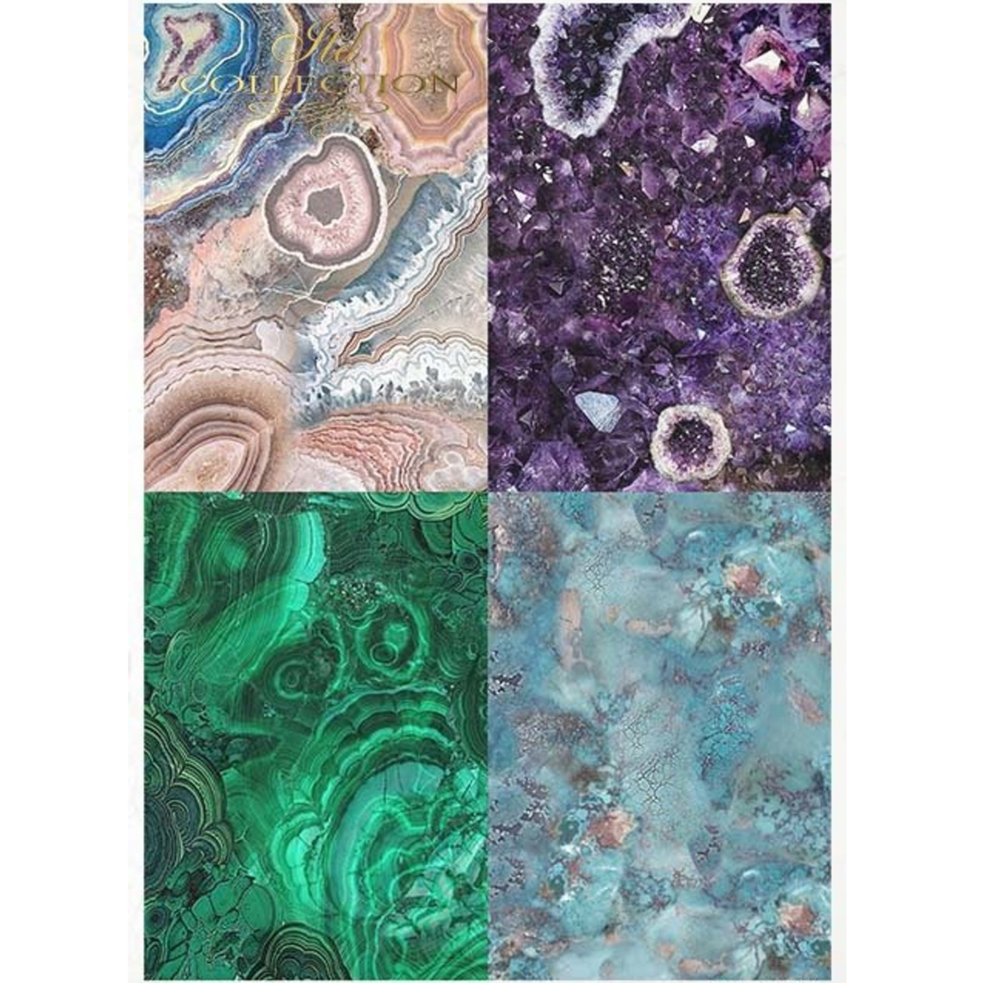 "Gemstones" decoupage rice paper 11 sheet set in size A4 available at Milton's Daughter. Page 1 of 11 sheet set.