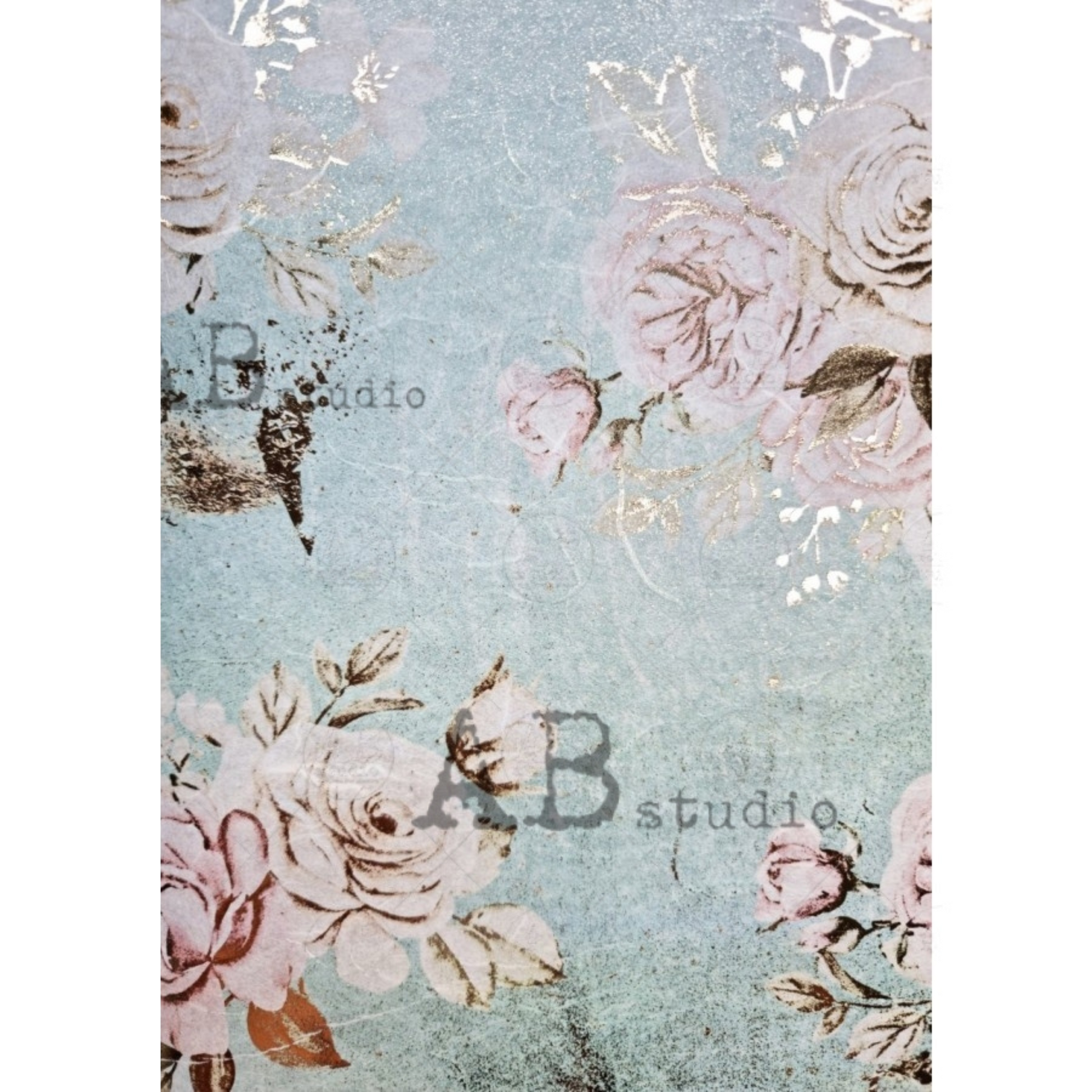 "Gilded Aqua and Pink Floral" - gilded metallic decoupage rice paper by AB Studio.  Size A4 available at Milton's Daughter.