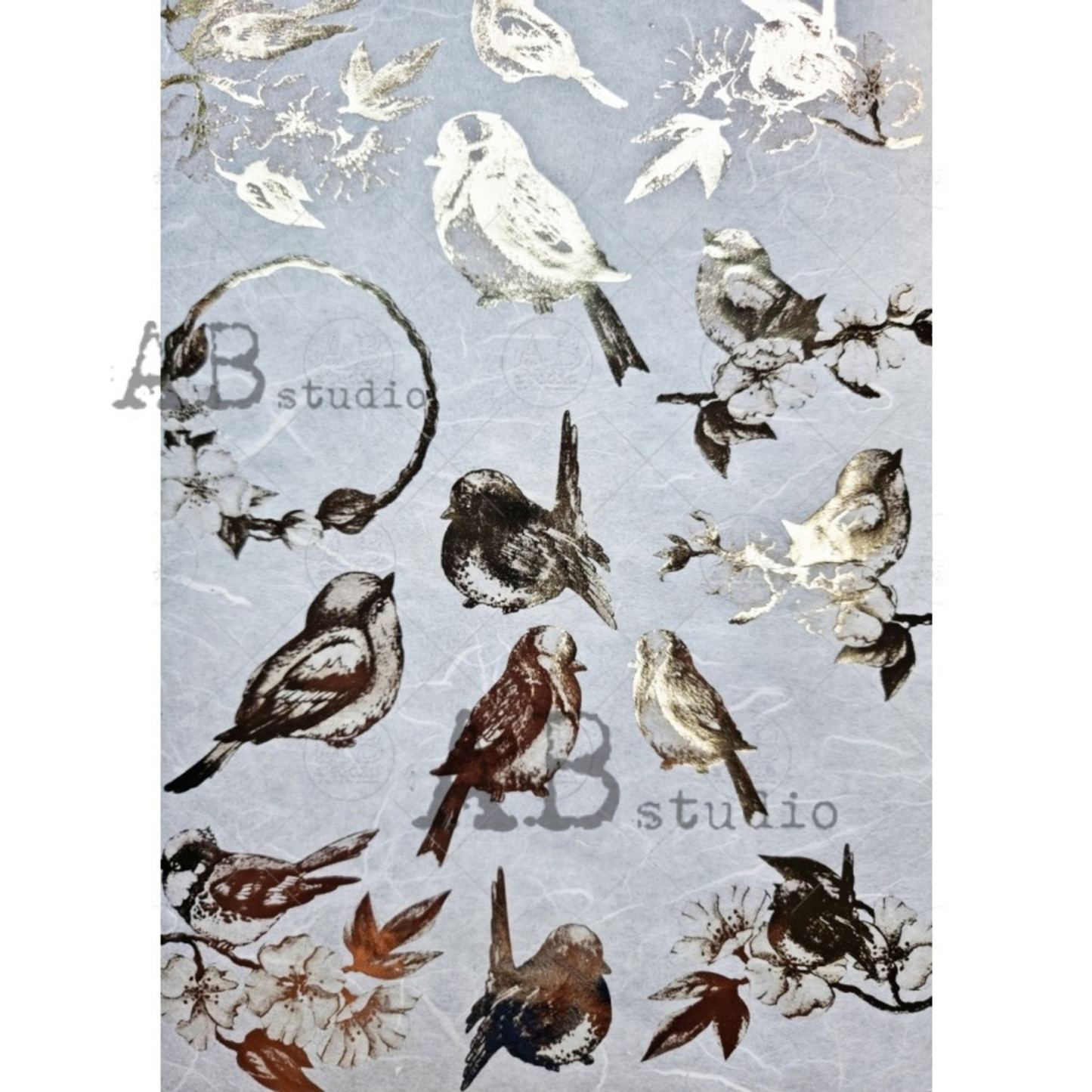 Gilded Birds decoupage rice paper by AB Studio. Size A4 available at Milton's Daughter.