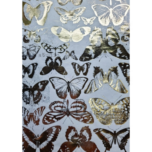 "Gilded Butterflies" gilded metallic decoupage rice paper by AB Studios. Size A4 available at Milton's Daughter.