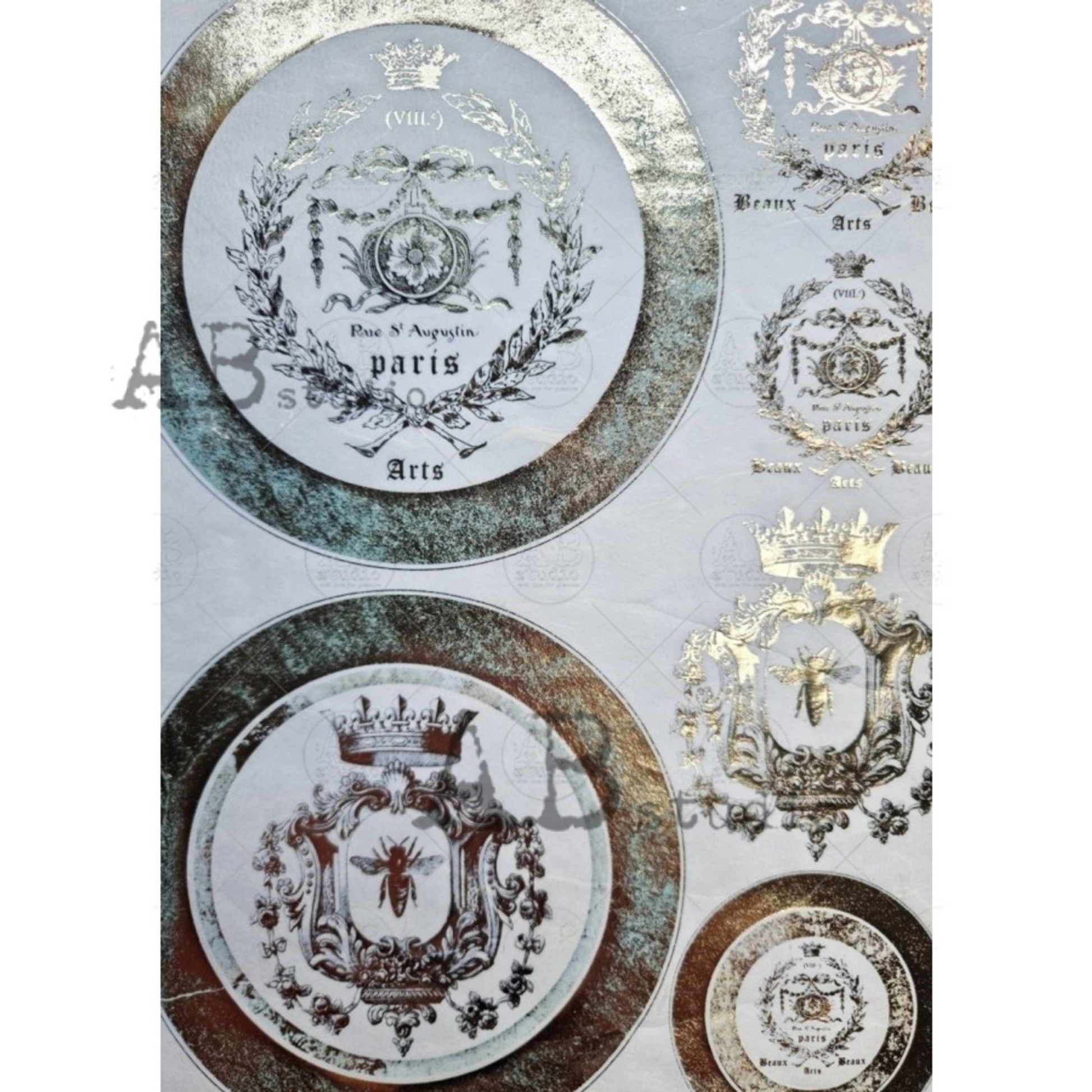 Gilded French Embelm Plates decoupage rice paper by AB Studio. Size A4 available at Milton's Daughter.