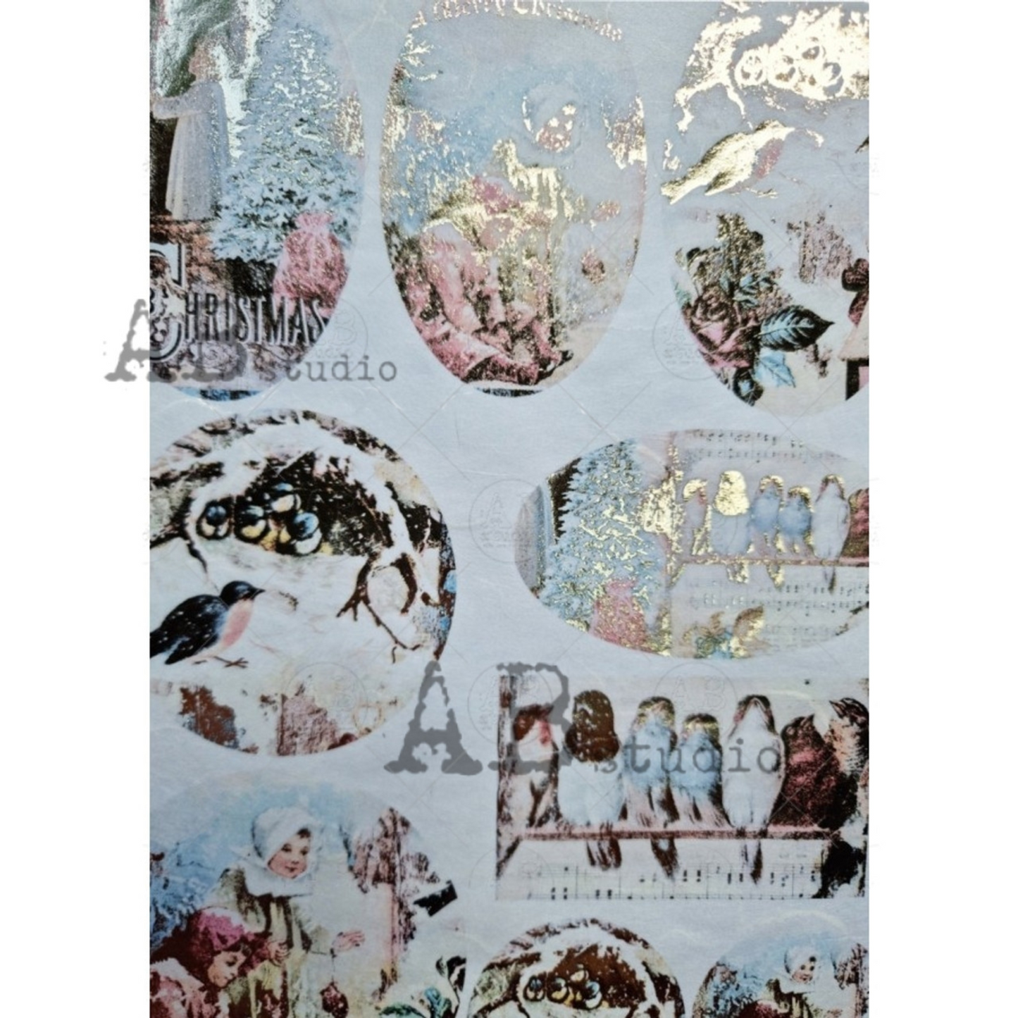 "Gilded Vintage BIrds and Children Scenes" decoupage rice paper by AB Studio available in Size A4 at Milton's Daughter.