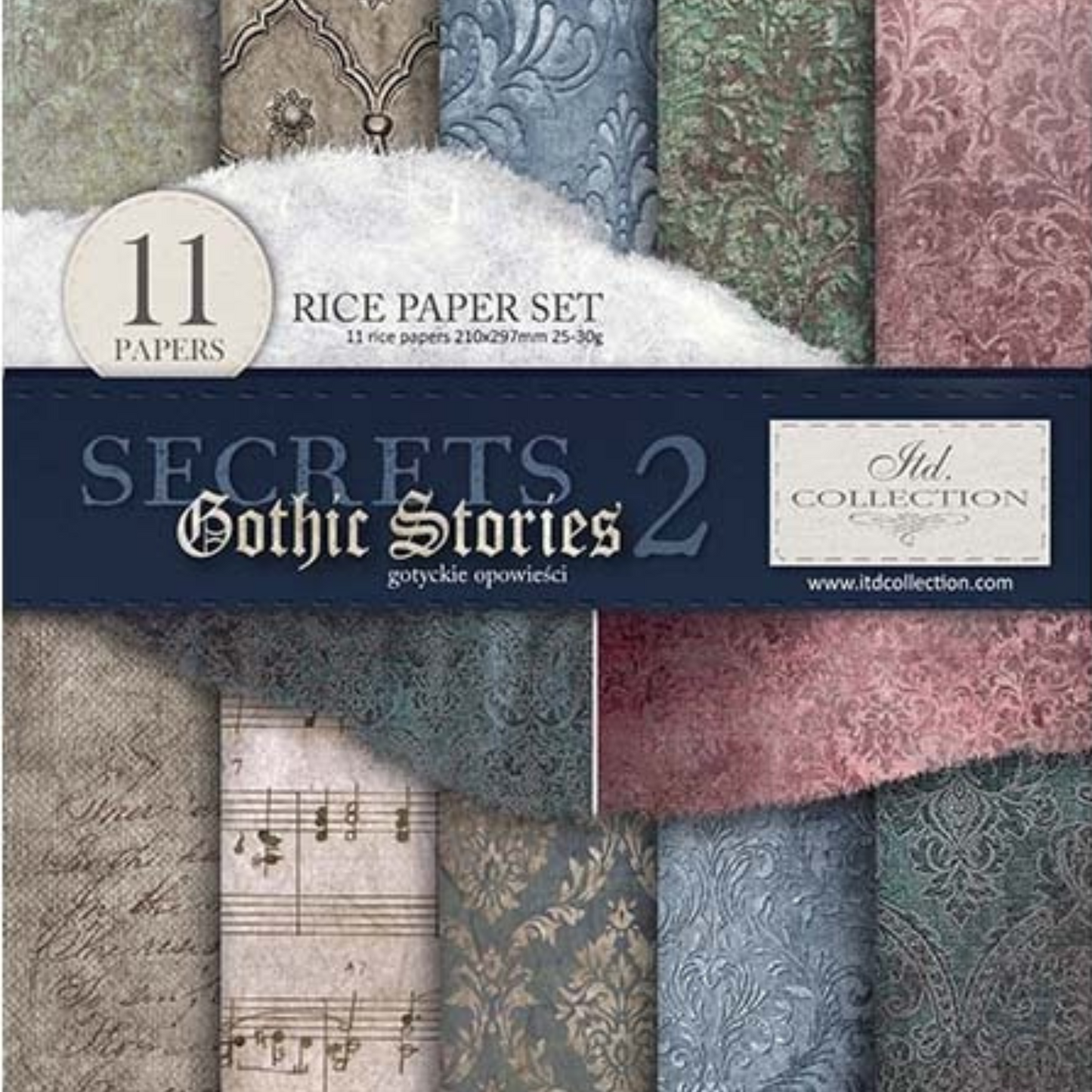 "Gothic Stories 2" decoupage rice paper set of 11 size A4 sheets by ITD Colleciton. Front Cover. Avaialble at Milton's Daughter