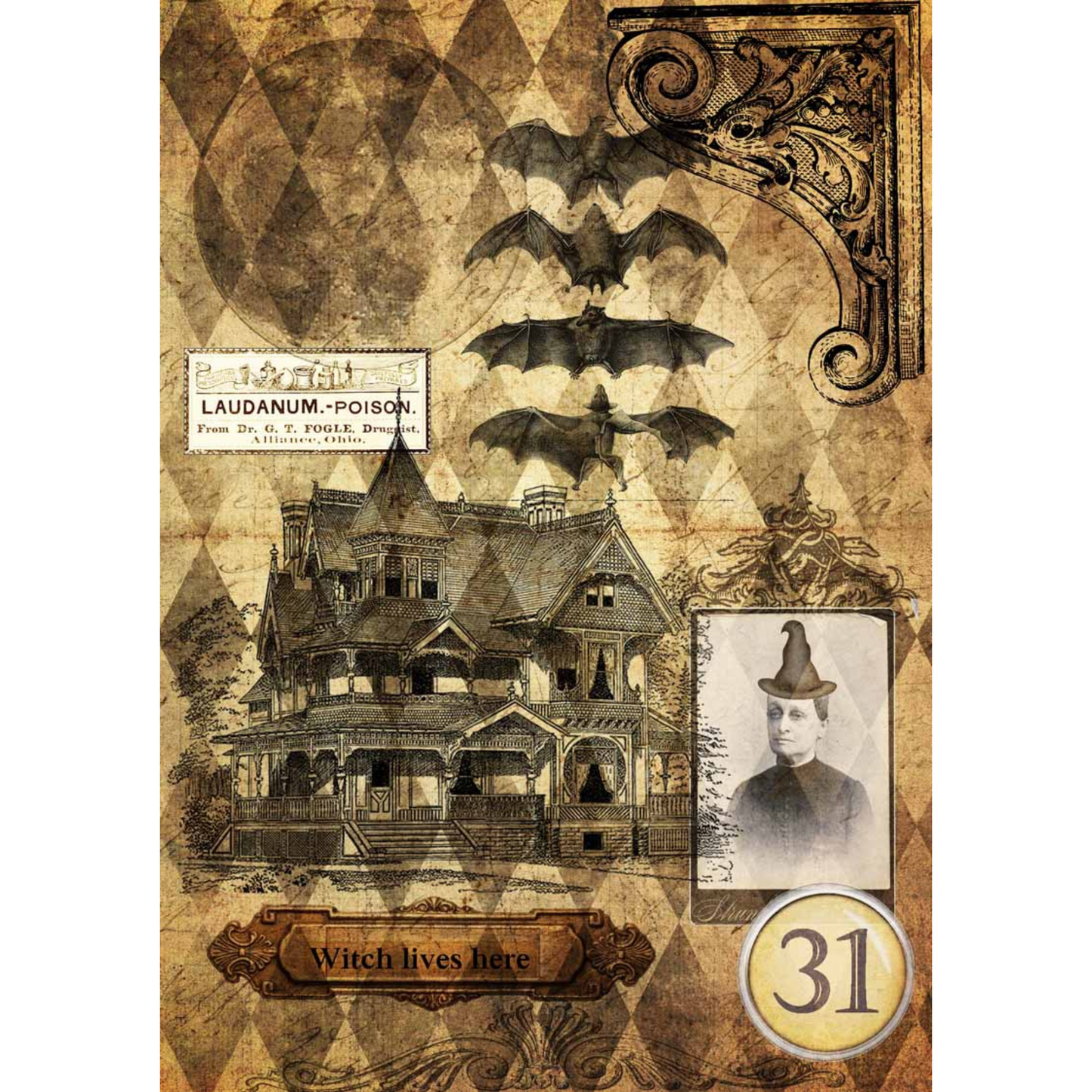 Decoupage Queen "Halloween Haunted House with Witch" Decoupage Rice Paper. Size A4-8.3" x 11.7" available at Milton's Daughter