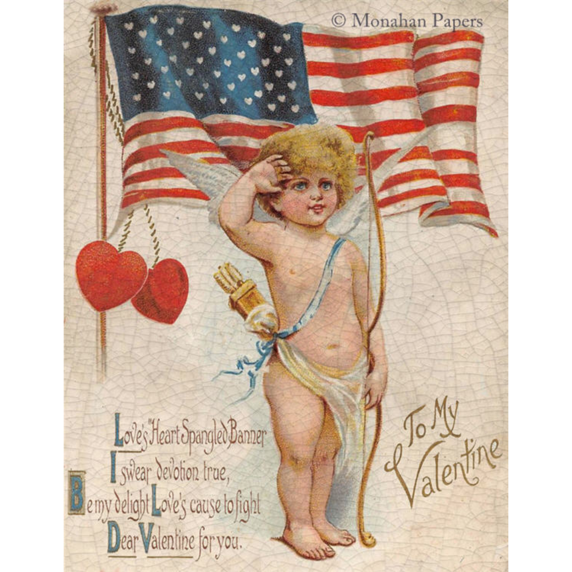Heart Spangles Banner Monahan Papers for decoupage. 11" x 17" available at Milton's Daughter. Saluting cupid with American Flag. Valentine's Day  motif.