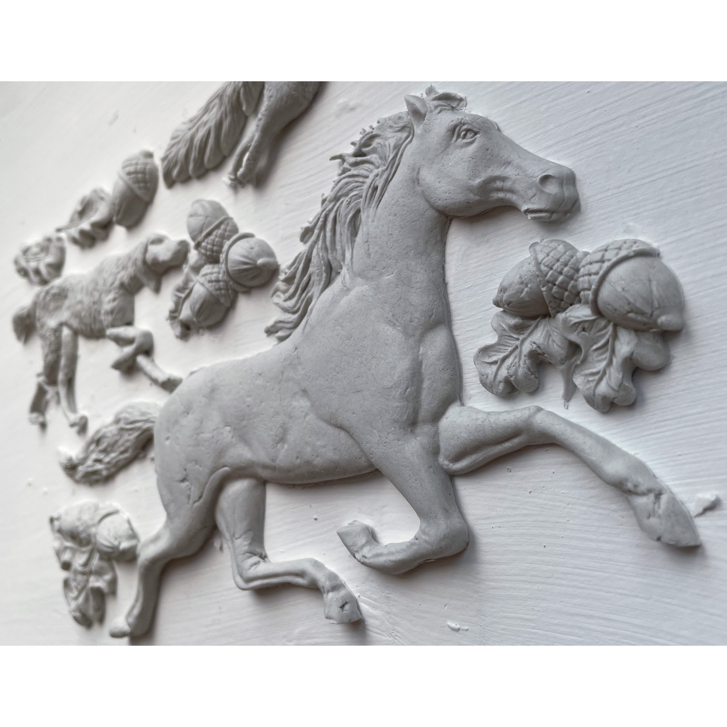 Horse & Hound IOD Silicone Mold by Iron Orchid Designs. Example of clay castings. Mould measures 6" x 10." Available at Milton's Daughter.