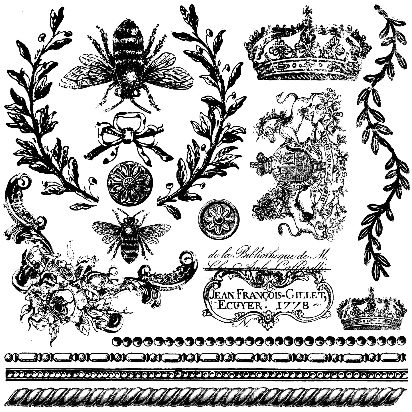 Stamp with multiple bee, crown, laurel and trim elements at Milton's Daughter.