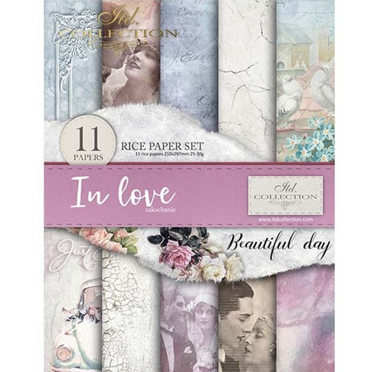 "In Love" decoupage rice paper set of 11 papers by ITD Collection. Front Cover image. Available at Milton's Daughter.