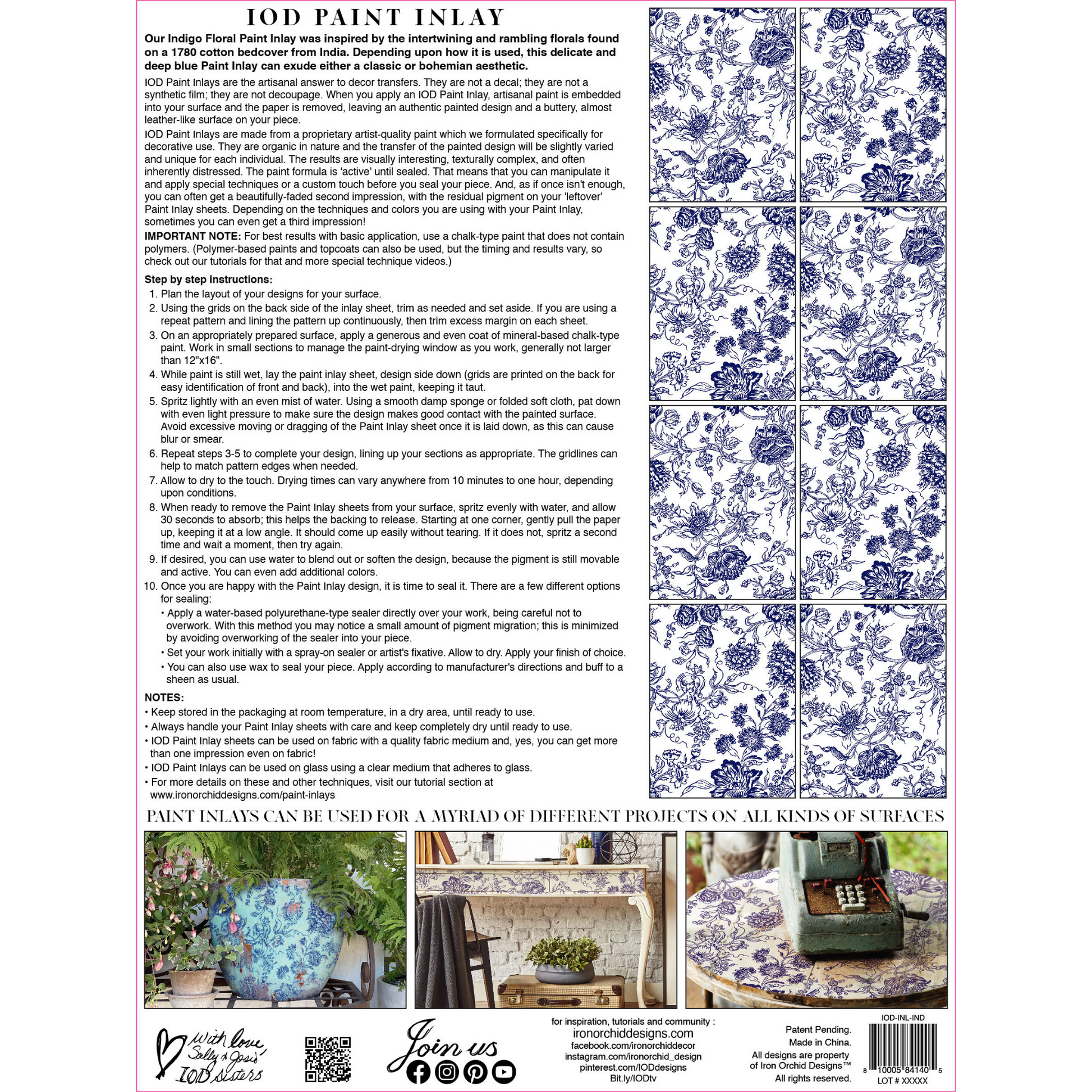 IOD Indigo Floral Paint Inlay product back cover with instructions by Iron Orchid Designs.  Contains eight 12" x 16" sheets. in navy and white florals. Available at Milton's Daughter.