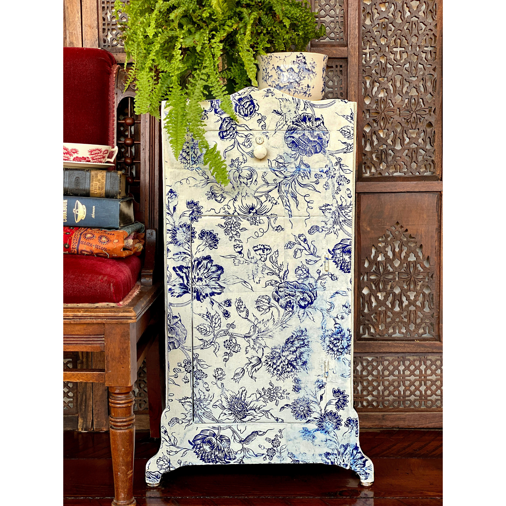 Cabinet with applied IOD Indigo Floral Paint Inlay by Iron Orchid Designs in navy and white florals. Available at Milton's Daughter.