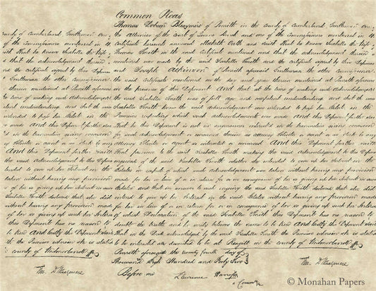 Monahan Papers "In the Common Pleas" 11" x 17" Script longhand lettering.  Hand-written colonial letter.  Repeat pattern. Aged paper for decoupage and mixed media art available at Milton's Daughter