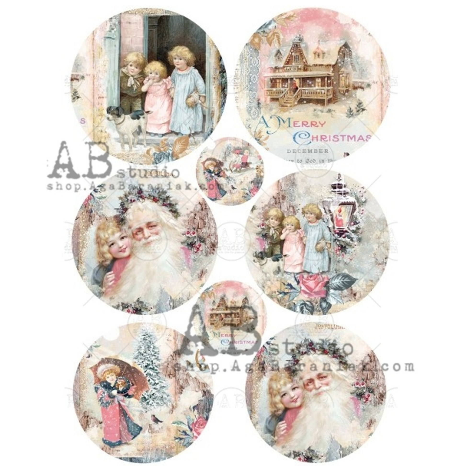 "Joyful Children and Santa Round Scenes" decoupage rice paper by AB Studio available in size A4 at Milton's Daughter.