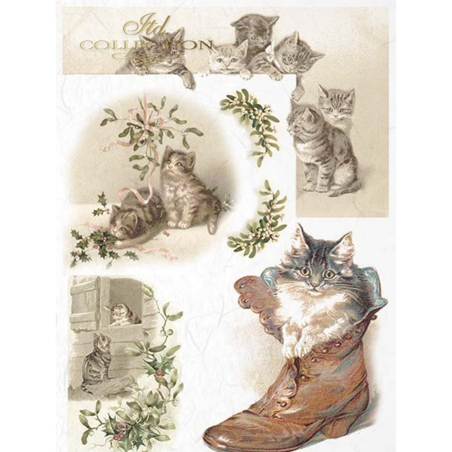 "Kitten in Boot" decoupage rice paper by ITD Collection. Size A4 available at Milton's Daughter.