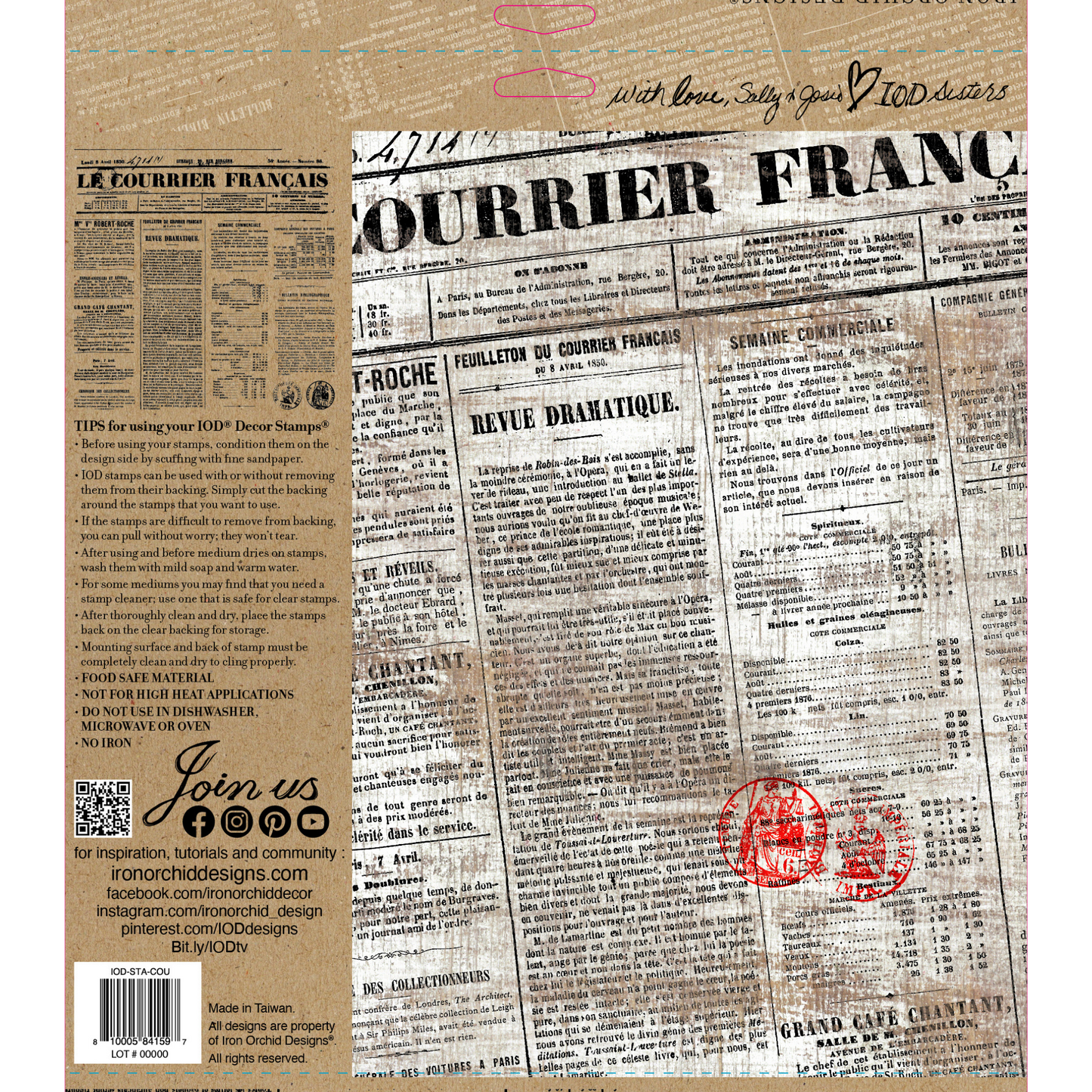 "Le Courier" IOD Stamp by Iron Orchid Designs.  Back cover. IOD Clear silicone stamp measures 12" x 12." Available at Milton's Daughter.
