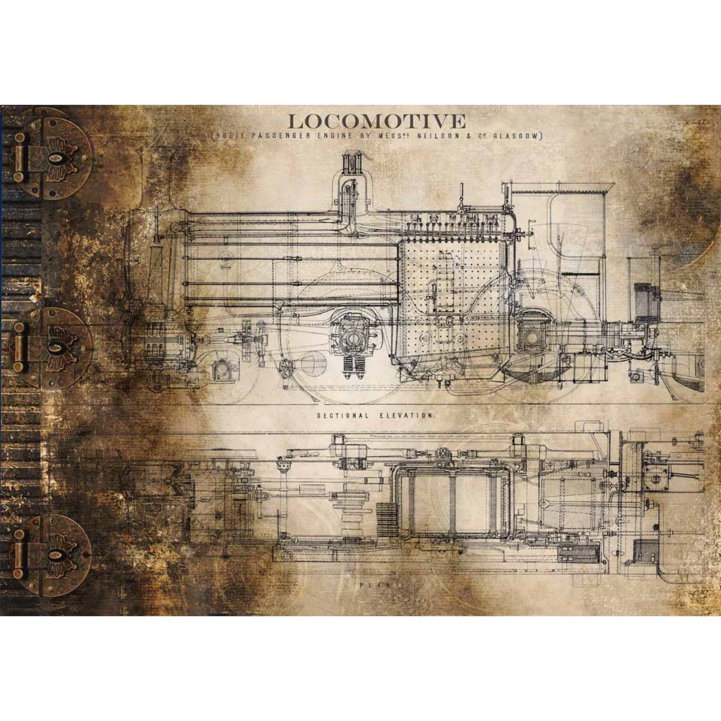 "Locomotive" Decoupage Rice Paper by Decoupage Queen. Size A3- 11.7" x 16.5" available at Milton's Daughter.