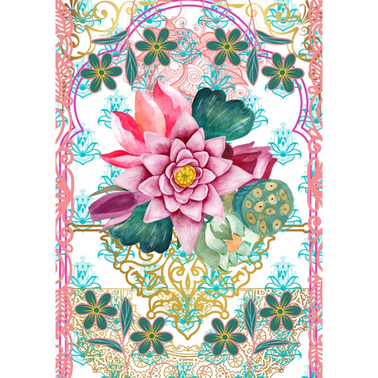 "Lotus Love" decoupage paper set by Made by Marley available at Milton's Daughter. Photo features 2-sheet design included in 3 sheet set in Size A3.