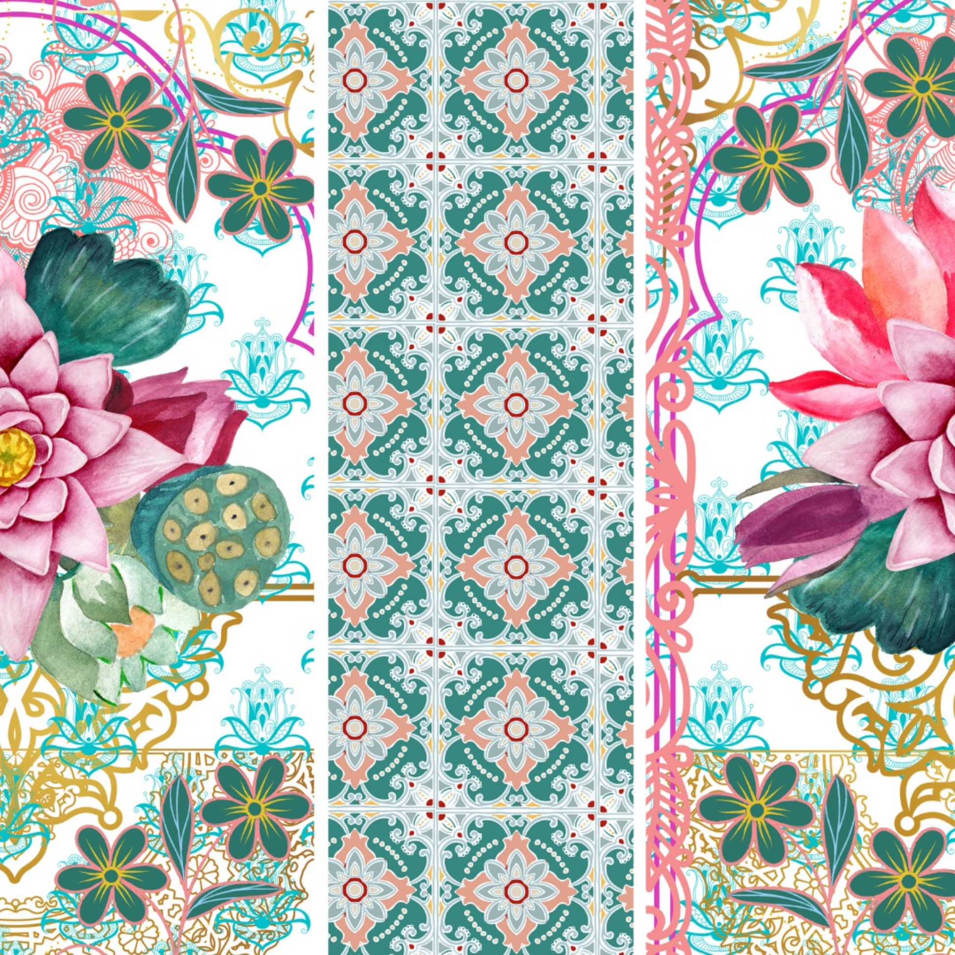 "Lotus Love" decoupage paper set by Made by Marley available at Milton's Daughter. Combo photo features 3 designs included in 3 sheet set in Size A3.