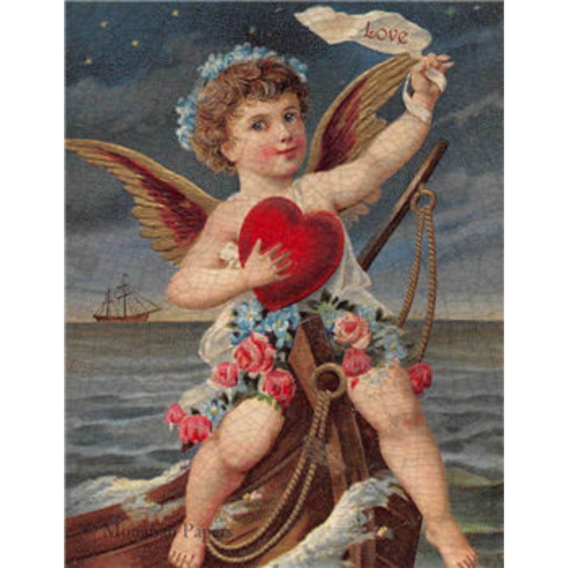 Love-Valentine's Day  Decoupage Paper by Monahan Papers available at Milton's Daughter. Cupid holding heart sailing on boat.  11" x 17".