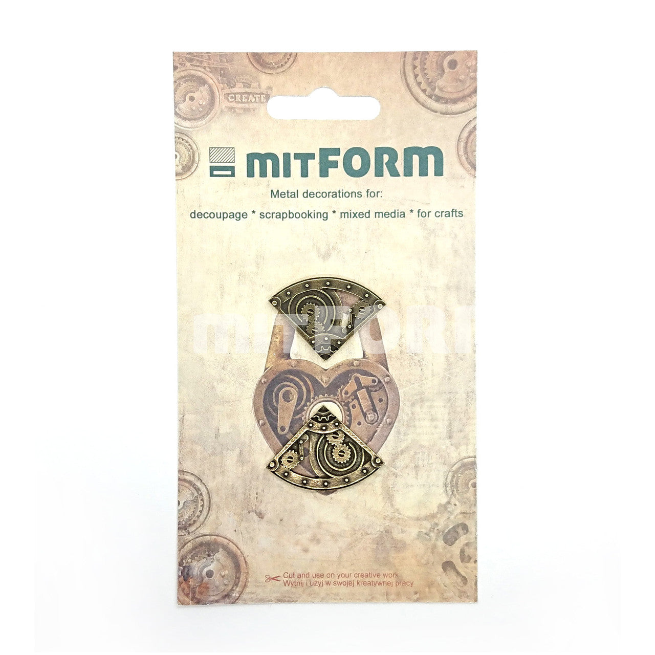 Mitform Corners 1 metal findings and castings for mixed media art projects available at Milton's Daughter. Package photo
