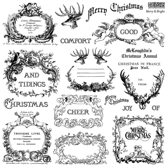 IOD Stamp Merry and Bright by Iron Orchid Designs. 12" x 12" limited edition clear stamp with vintage Christmas motif available at Milton's Daughter