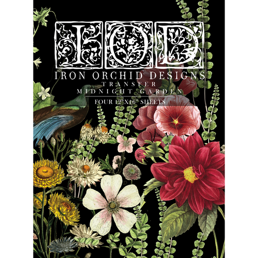 Midnight Garden Transfer by IOD, product front cover. Colorful wildflowers, ferns and a peacock at Milton's Daughter.