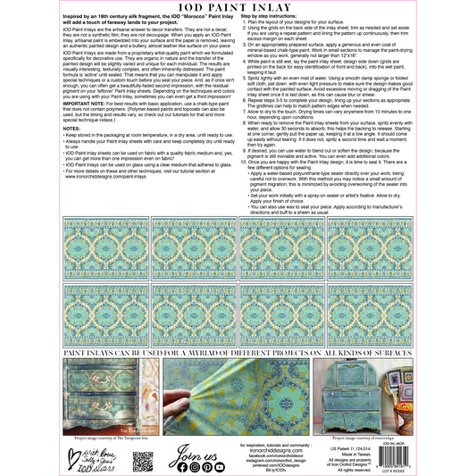 "Morocco" IOD Paint Inlay by Iron Orchid Designs. Back cover. Package includes eight 12" x 16" reusable sheets. Available at Milton's Daughter.
