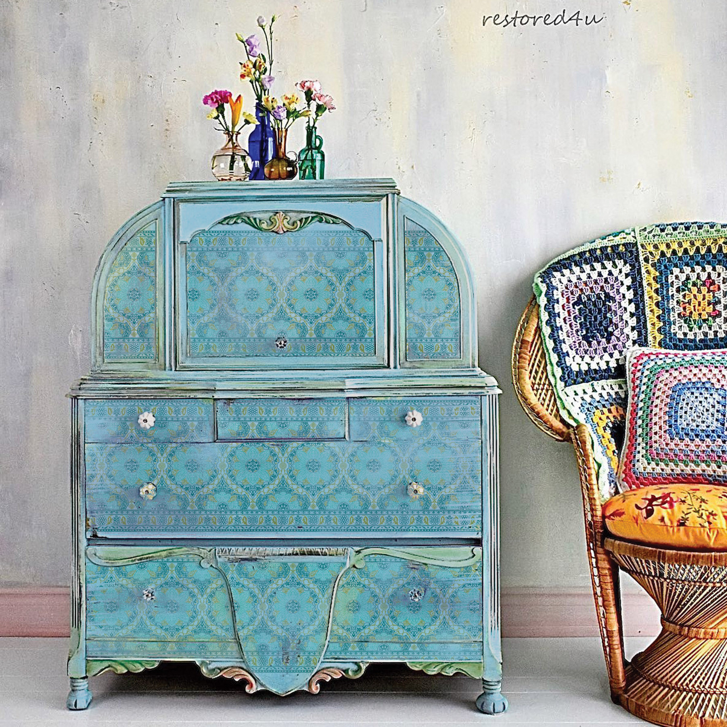 "Morocco" IOD Paint Inlay by Iron Orchid Designs. Example on vintage dresser.  Package includes eight 12" x 16" reusable sheets. Available at Milton's Daughter.