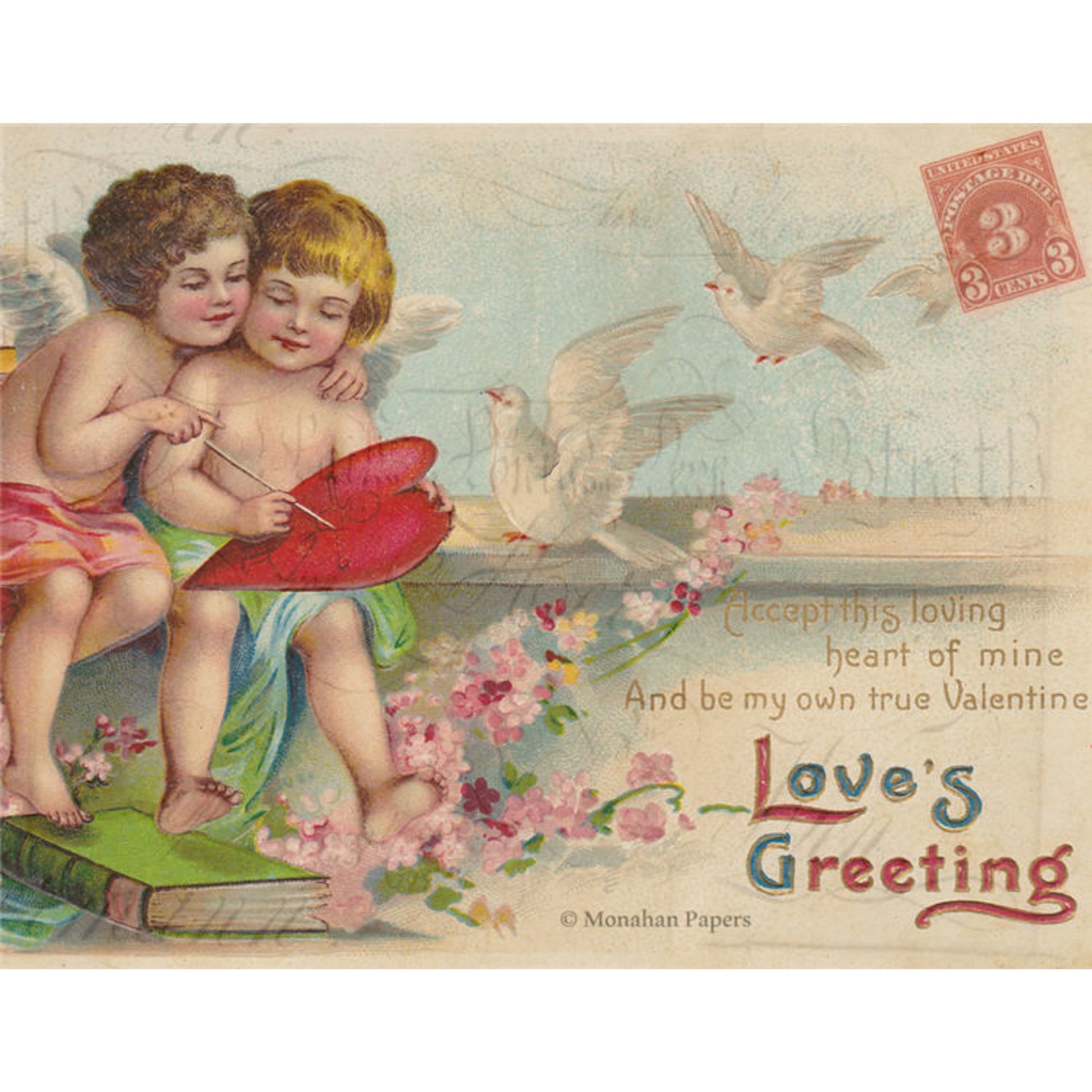 My Own True Valentine V92 Decoupage paper by Monahan Papers available at Milton's Daughter.  11" x 17" Valentine's Day Motif. Pair of cupids holding heart by the sea.