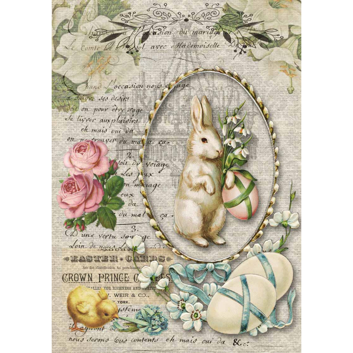 "Nancy's Spring Bunny" decoupage rice paper by Decopuage Queen. Size A4 available at Milton's Daughter.