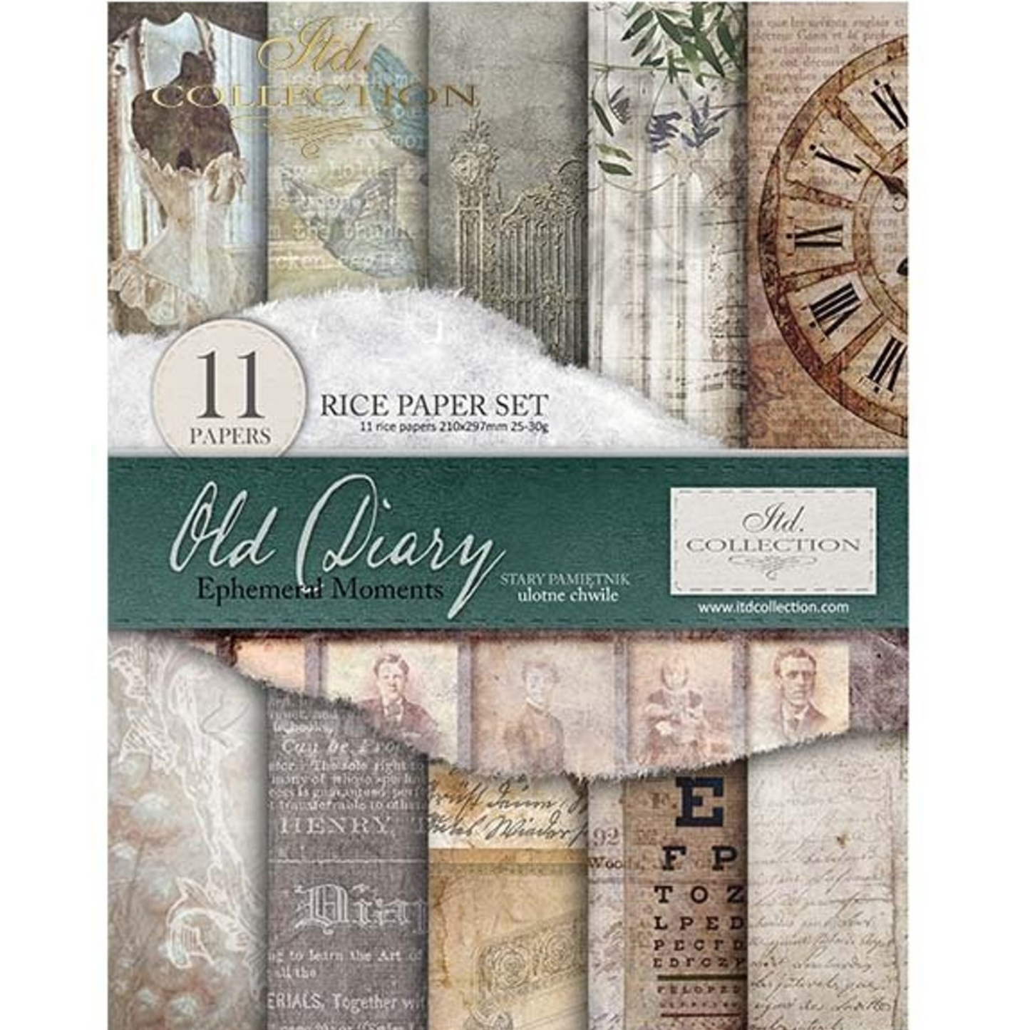 Old Diary Ephemeral Moments-decoupage rice paper set by ITD Collection.  Includes 11 sheets of Size A4 rice paper. Front cover photo.  Avaliable at Milton's Daughter.