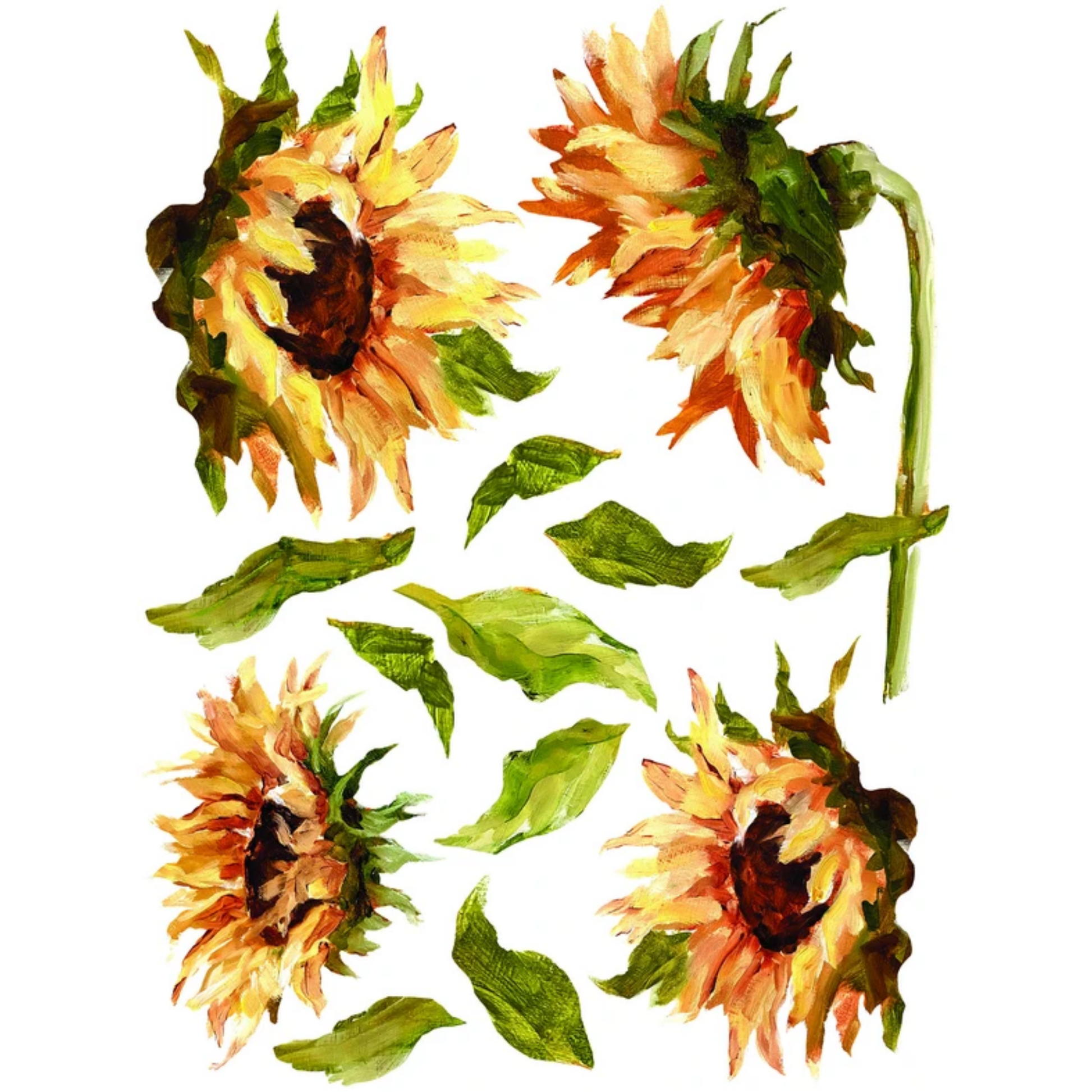 Painterly Florals IOD Transfer, 2nd single sheet view of Sunflowers, 4 blooms with leaves and stems at Milton's Daughter
