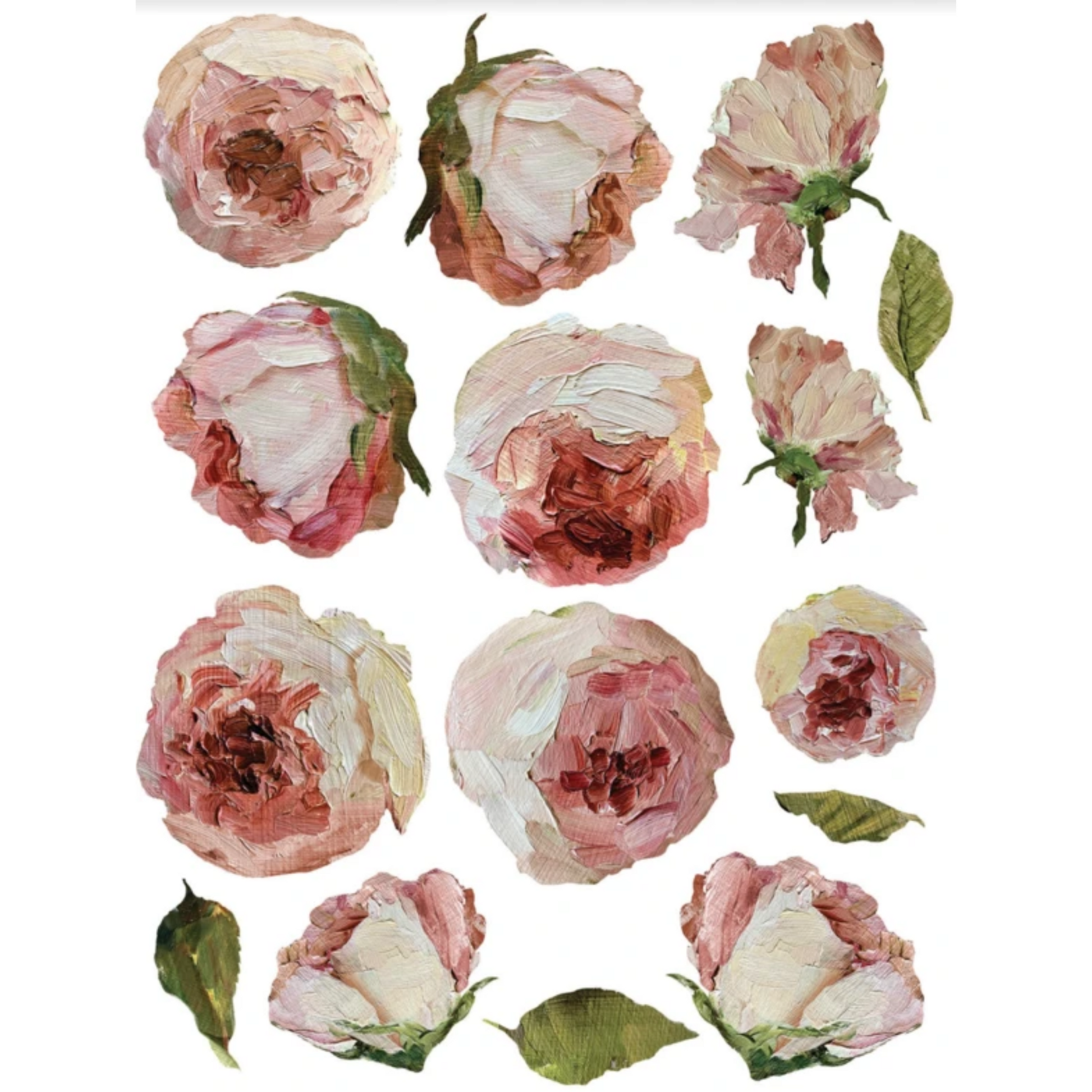 Painterly Florals IOD furniture transfer. Single sheet view of eleven pink peony blooms in various sizes and views with stems, buds and leaves at Milton's Daughter.