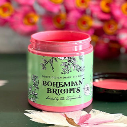 Color "Passionate" from the Bohemian Brights Collection by by Debi's Design Diary DIY Paint. 4 oz. jar available at Milton's Daughter. Curated by Dionne Woods of the Turquoise Iris.