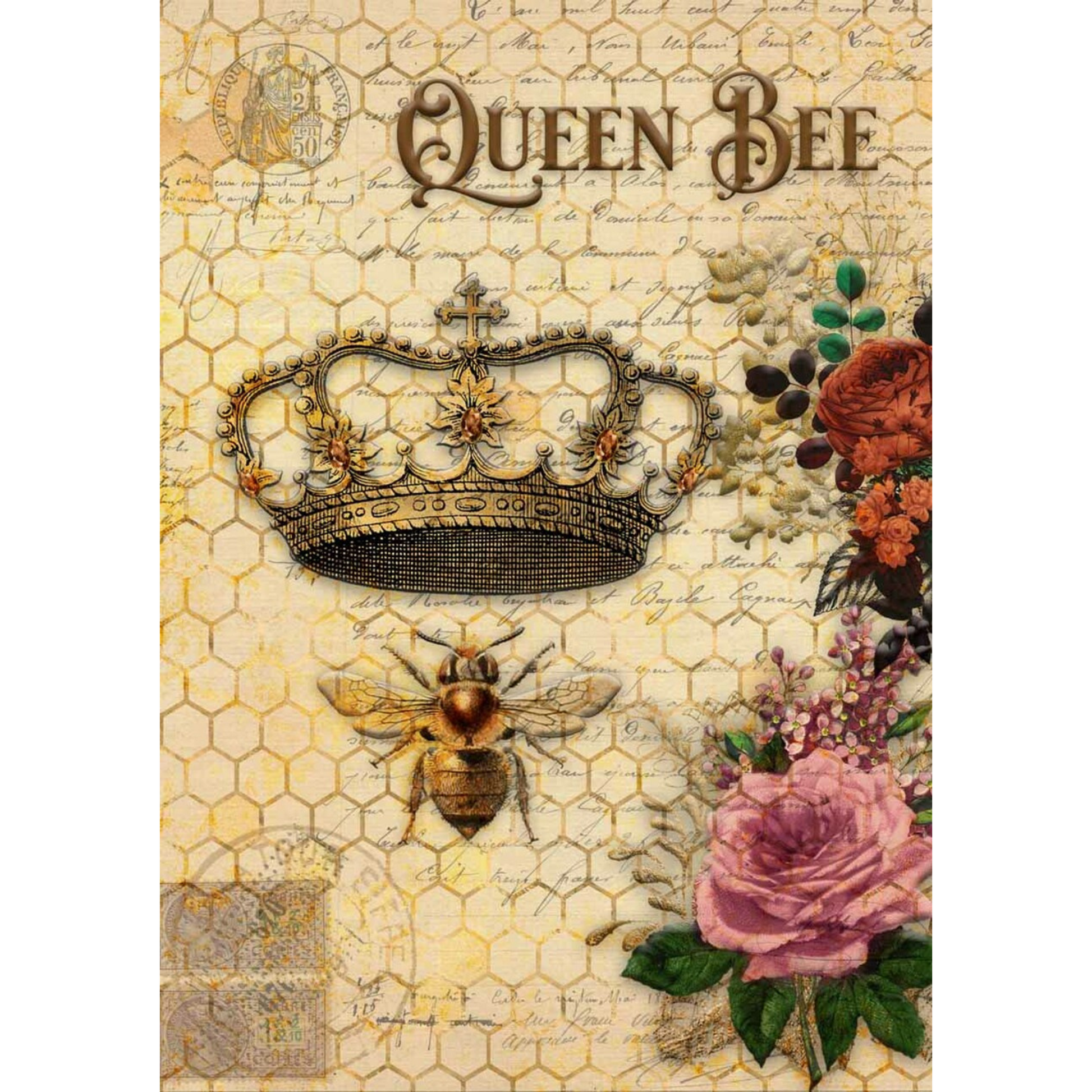 "Queen Bee Roses With Honeycomb" Decoupage Rice Papers by Decoupage Queen. Available at Milton's Daughter.
