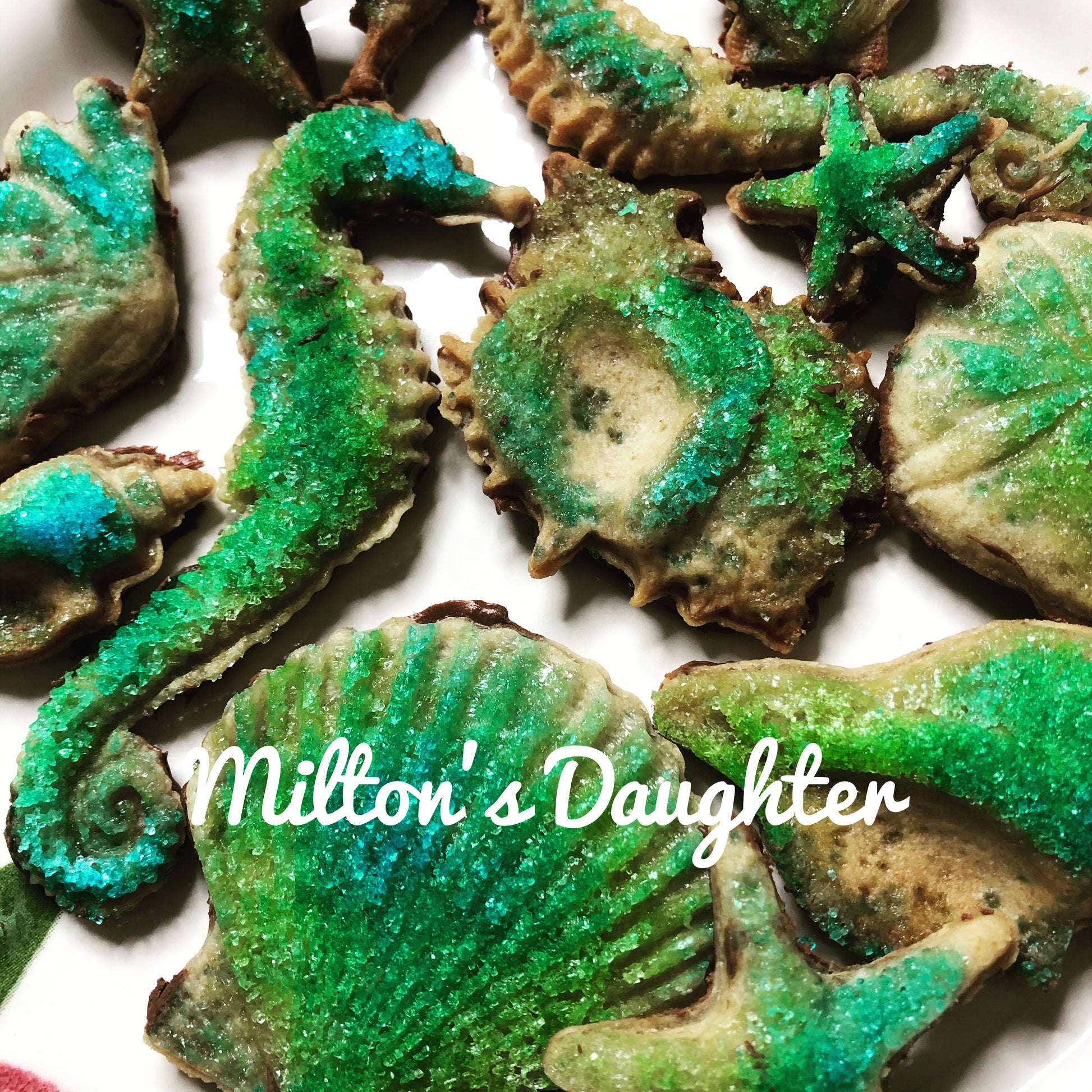 Sea Shells mold by IOD featuring green and blue sugar encrusted cookies by Milton's Daughter