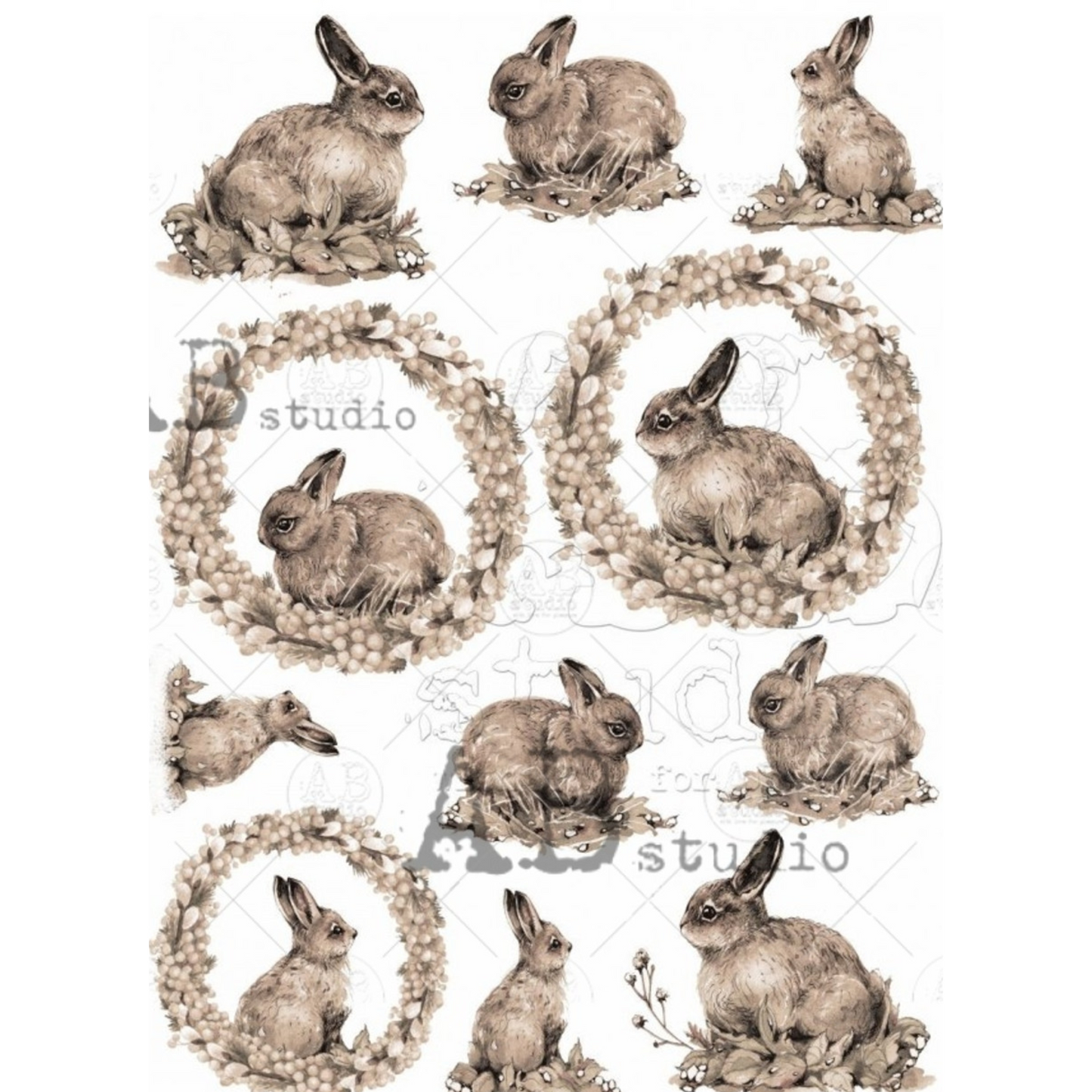 "Sepia Bunny Rabbits" decoupage rice paper by AB Studio. Size A4 available at Milton's Daughter.