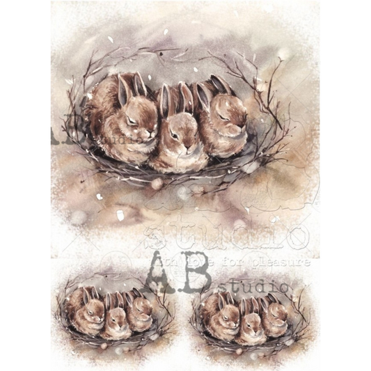 "Sepia Nesting Bunnies" decoupage rice paper by AB Studio. Size A4 available at Milton's Daughter.