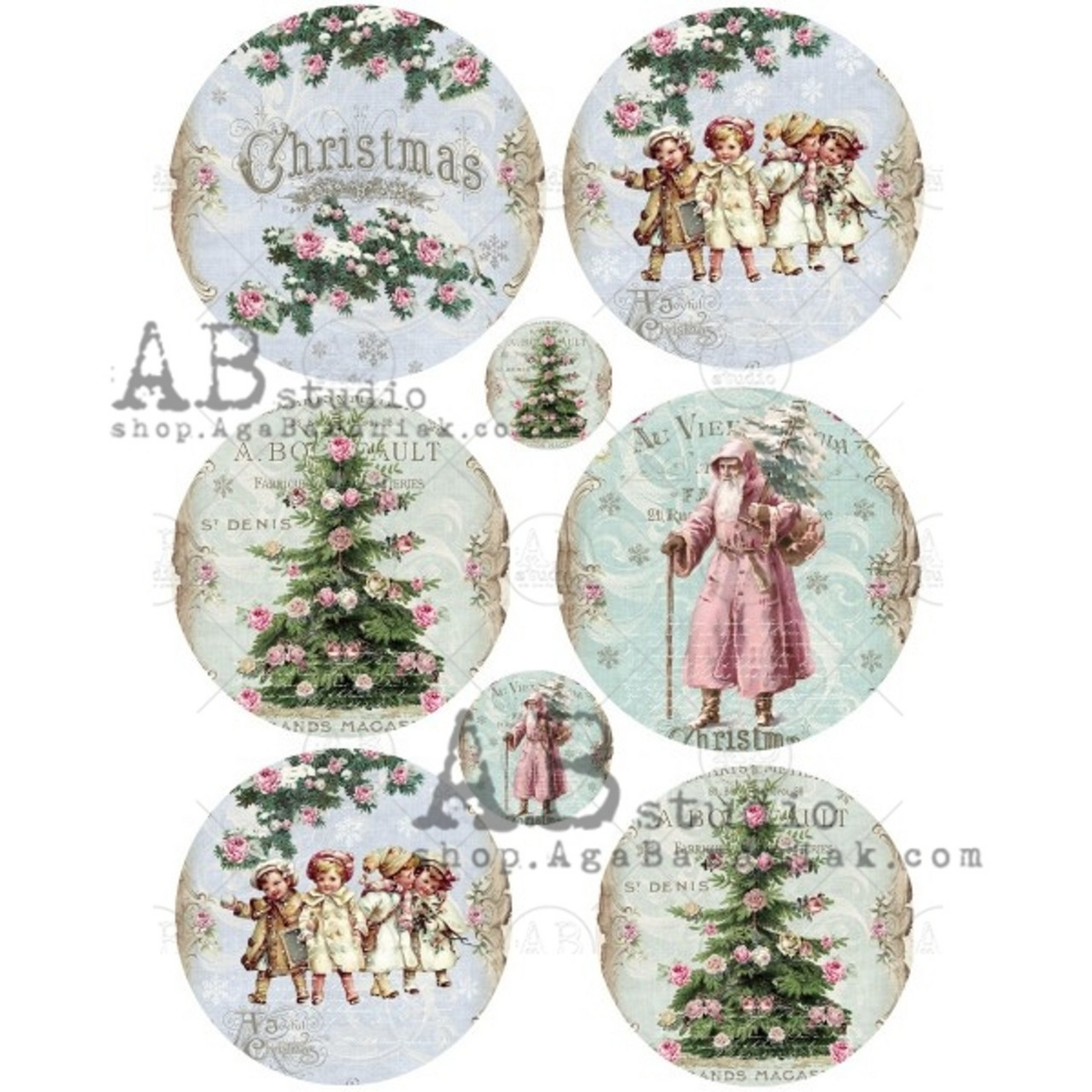 "Shabby Christmas Santa and Tree Rounds" decoupage rice paper by AB Studios available in size A4 at Milton's Daughter.