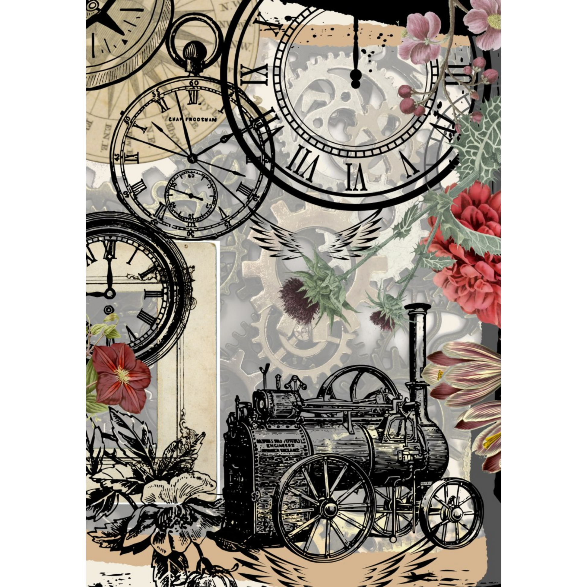 "Skulduggery" decoupage paper set by Made by Marley available at Milton's Daughter. Photo depicts single sheet of steampunk imagery included in this 3-piece set.
