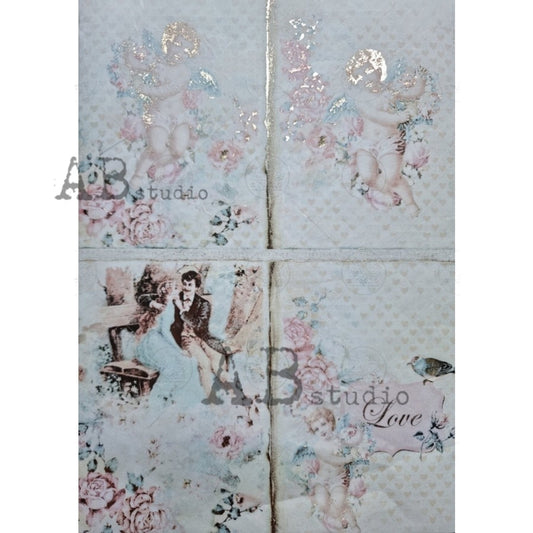 Soft Blue and Pink GIlded Angels-decoupage rice paper by AB Studio available in size A4 at Milton's Daughter.