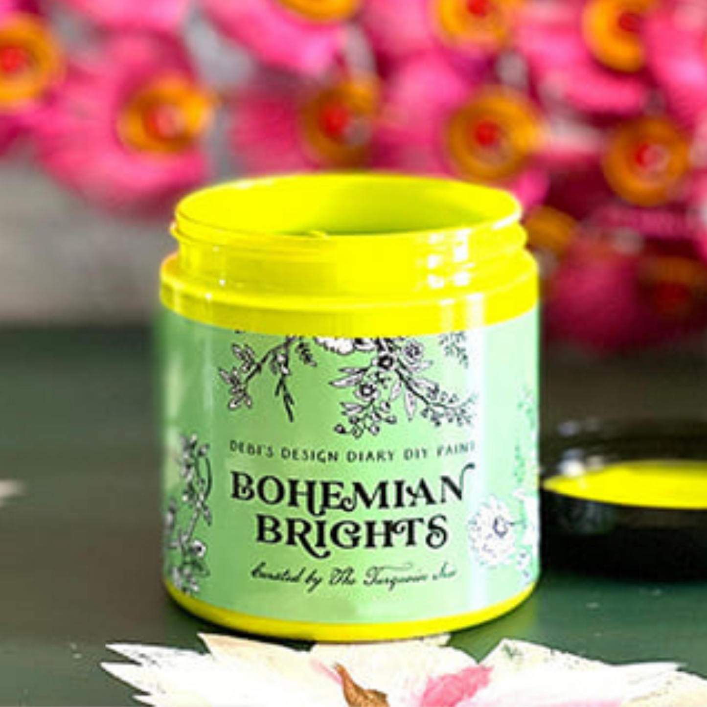 Color "Spirited" from the Bohemian Brights Collection by by Debi's Design Diary DIY Paint. 4 oz. jar available at Milton's Daughter. Curated by Dionne Woods of the Turquoise Iris.